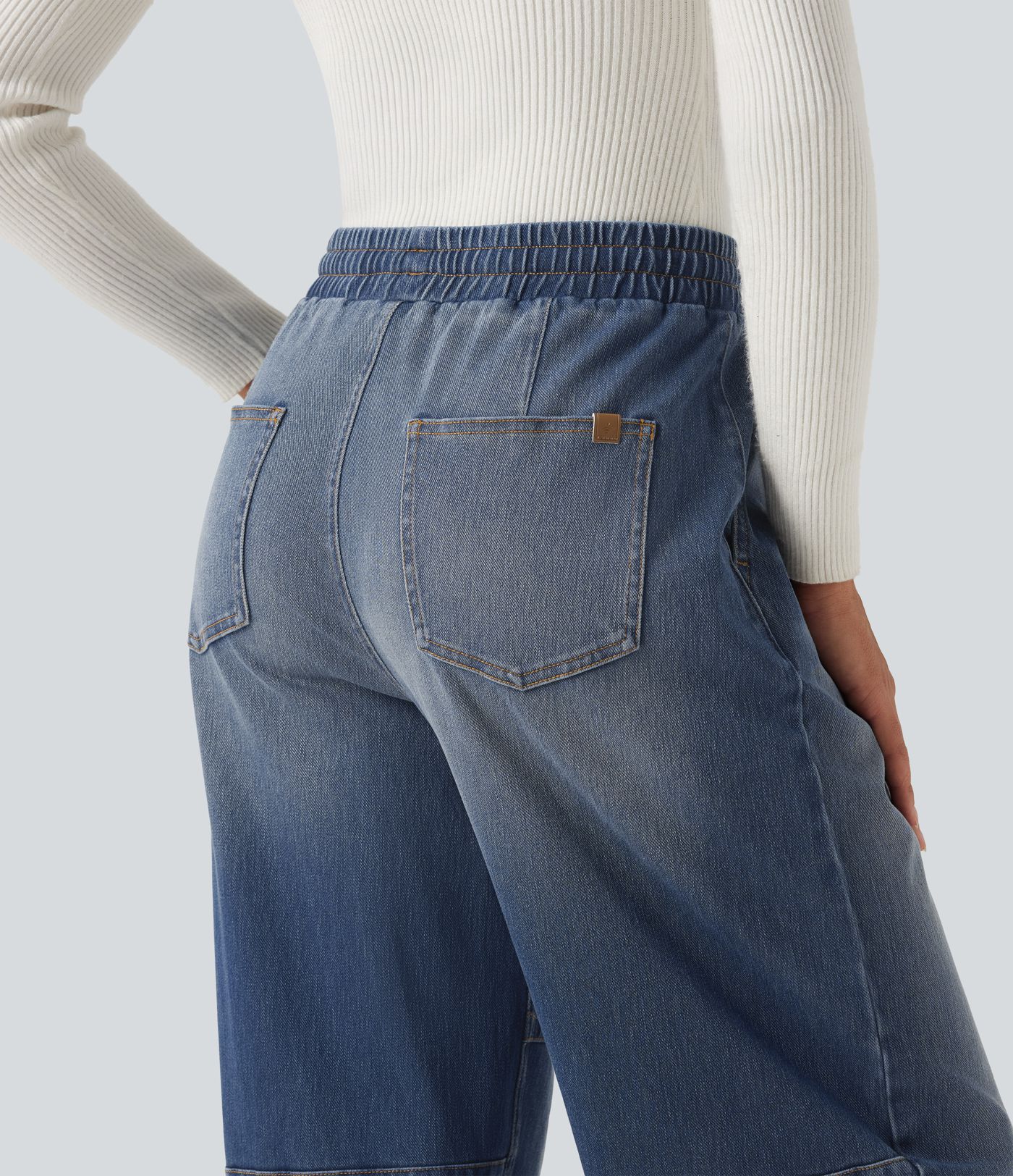 Halara Flex™ Mid Rise Drawstring Barrel Leg Casual Jeans with Pockets Halara Flex™ Mid Rise Drawstring Barrel Leg Casual Jeans with Pockets