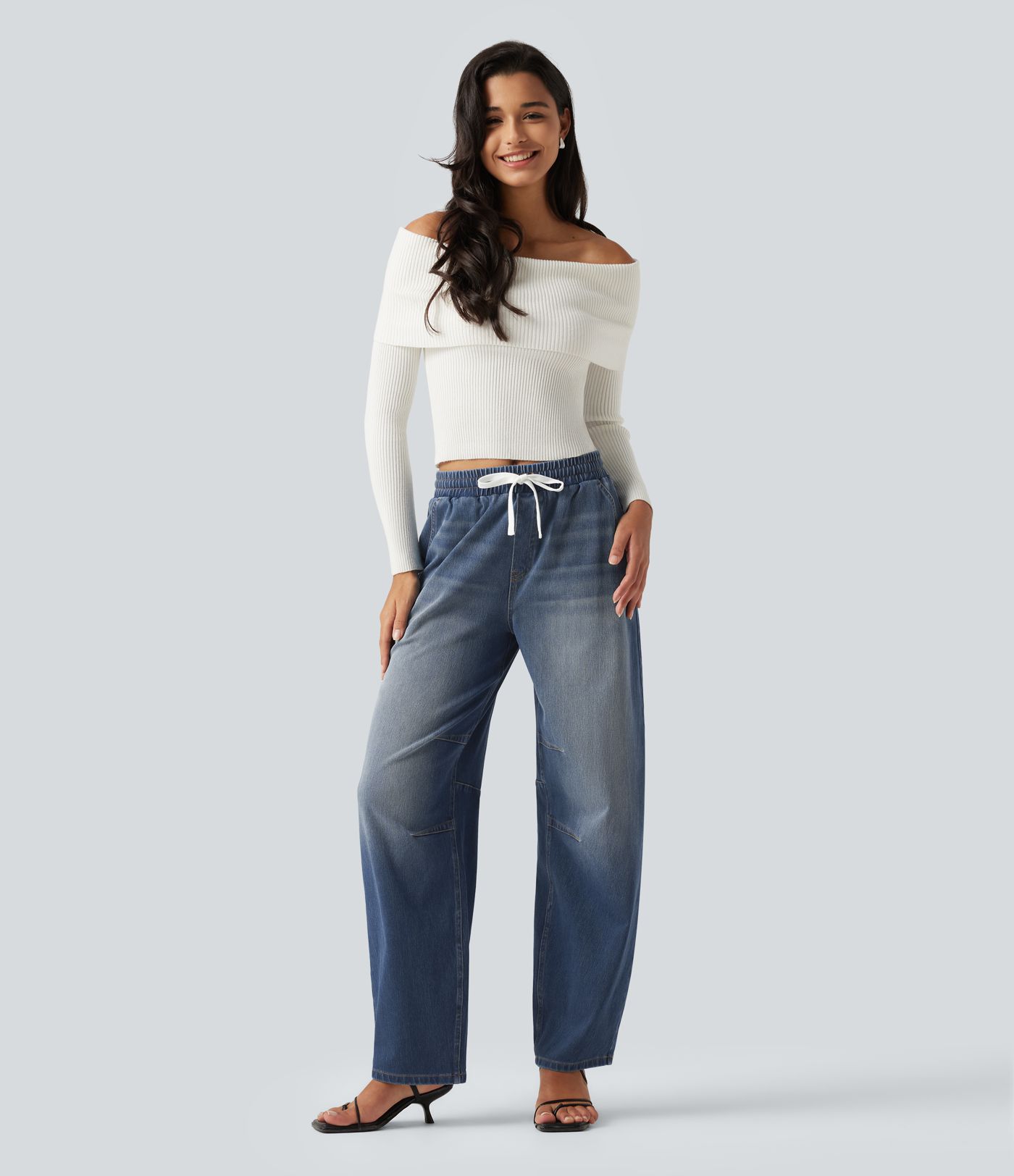 Halara Flex™ Mid Rise Drawstring Barrel Leg Casual Jeans with Pockets Halara Flex™ Mid Rise Drawstring Barrel Leg Casual Jeans with Pockets