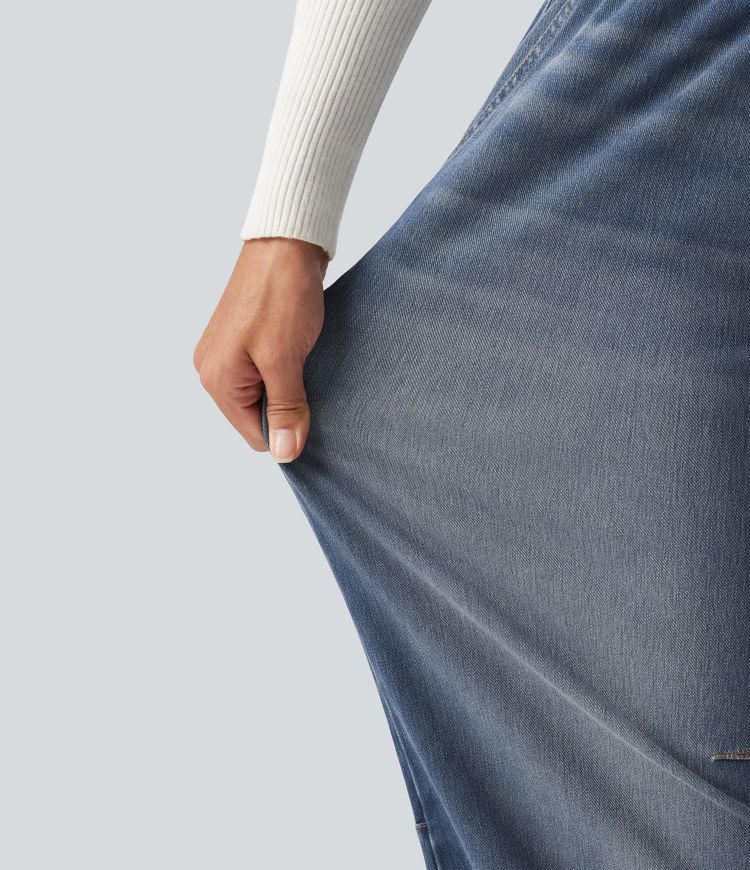 Halara Flex™ Mid Rise Drawstring Barrel Leg Casual Jeans with Pockets Halara Flex™ Mid Rise Drawstring Barrel Leg Casual Jeans with Pockets