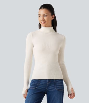 Pullover aus Wollmischung mit hohem Kragen, langen Ärmeln und Daumenlöchern