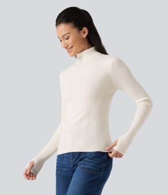 Pullover aus Wollmischung mit hohem Kragen, langen Ärmeln und Daumenlöchern