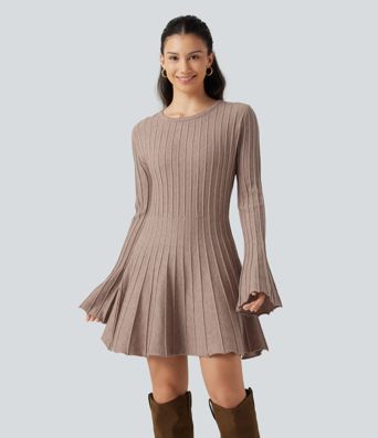 Round Neck Flounce Long Sleeve Flare Mini Casual Sweater Dress Round Neck Flounce Long Sleeve Flare Mini Casual Sweater Dress