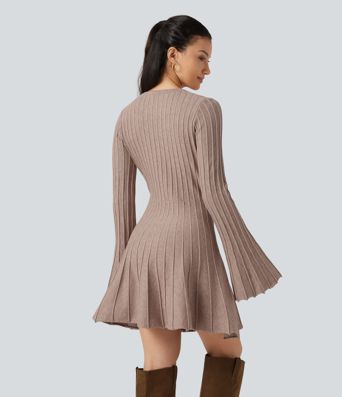 Round Neck Flounce Long Sleeve Flare Mini Casual Sweater Dress Round Neck Flounce Long Sleeve Flare Mini Casual Sweater Dress