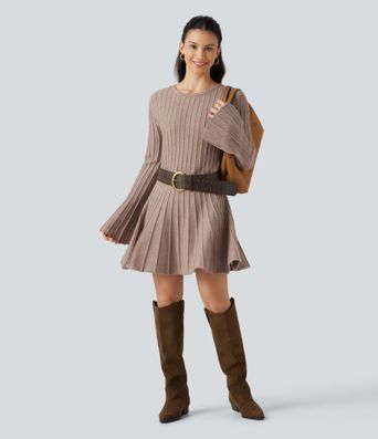 Round Neck Flounce Long Sleeve Flare Mini Casual Sweater Dress Round Neck Flounce Long Sleeve Flare Mini Casual Sweater Dress