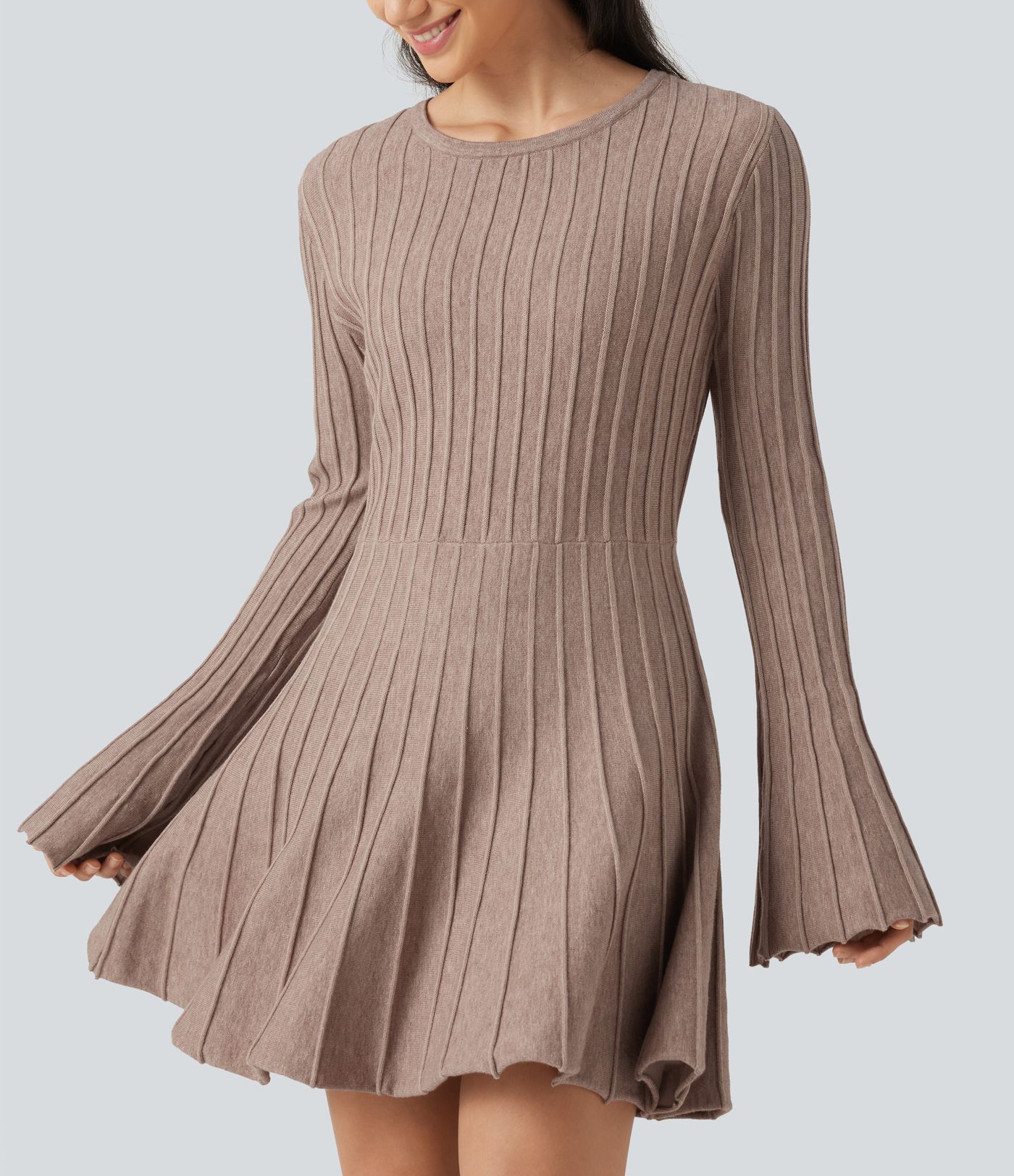 Round Neck Flounce Long Sleeve Flare Mini Casual Sweater Dress Round Neck Flounce Long Sleeve Flare Mini Casual Sweater Dress