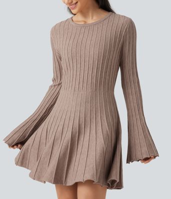 Round Neck Flounce Long Sleeve Flare Mini Casual Sweater Dress Round Neck Flounce Long Sleeve Flare Mini Casual Sweater Dress