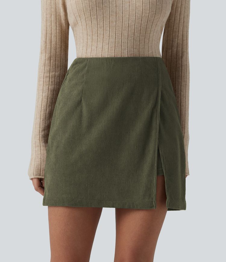 High Waisted Back Zipper Split Hem 2-in-1 Corduroy Casual Skirt-Longer Length
