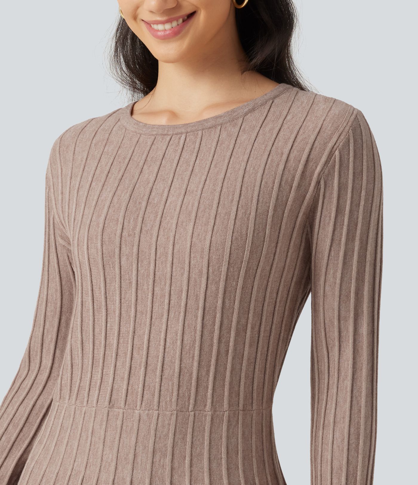 Round Neck Flounce Long Sleeve Flare Mini Casual Sweater Dress Round Neck Flounce Long Sleeve Flare Mini Casual Sweater Dress