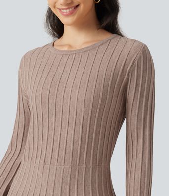 Round Neck Flounce Long Sleeve Flare Mini Casual Sweater Dress Round Neck Flounce Long Sleeve Flare Mini Casual Sweater Dress