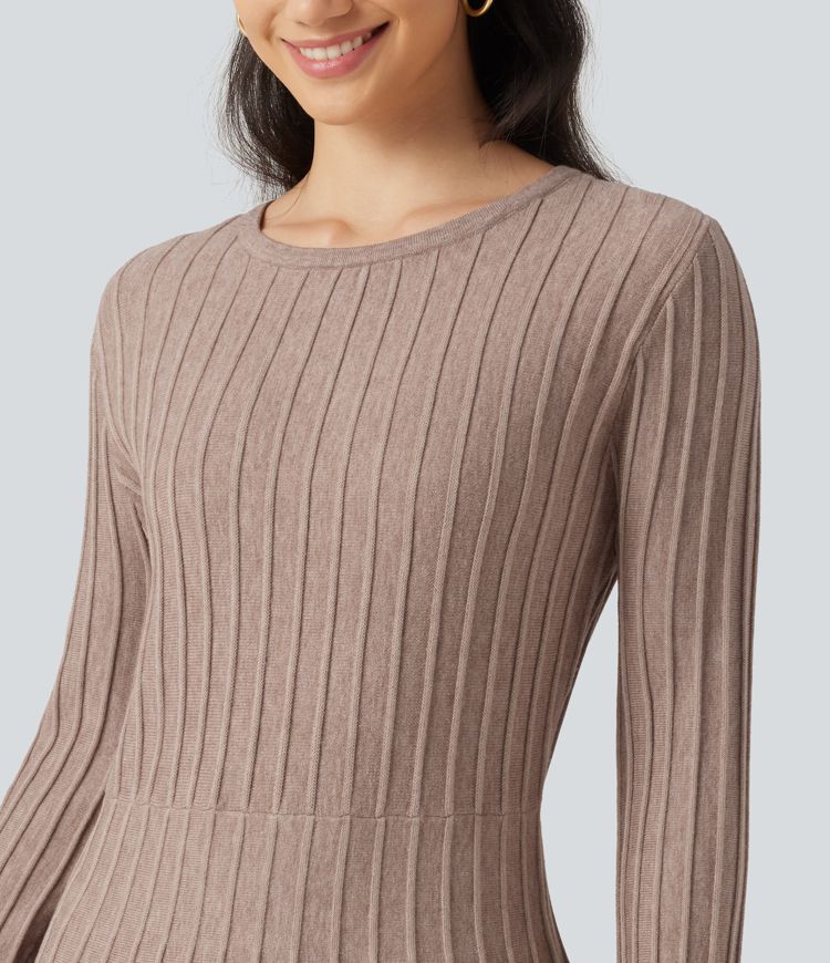 Round Neck Flounce Long Sleeve Flare Mini Casual Sweater Dress Round Neck Flounce Long Sleeve Flare Mini Casual Sweater Dress