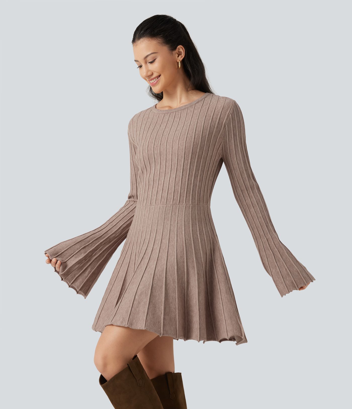 Round Neck Flounce Long Sleeve Flare Mini Casual Sweater Dress Round Neck Flounce Long Sleeve Flare Mini Casual Sweater Dress
