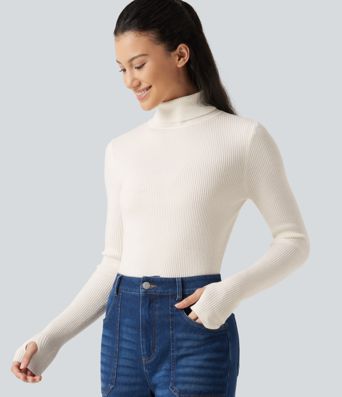 Pullover aus Wollmischung mit hohem Kragen, langen Ärmeln und Daumenlöchern