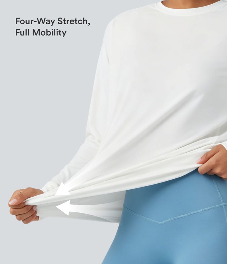 Round Neck Long Sleeve Ruched Yoga Sports Top-UPF50+