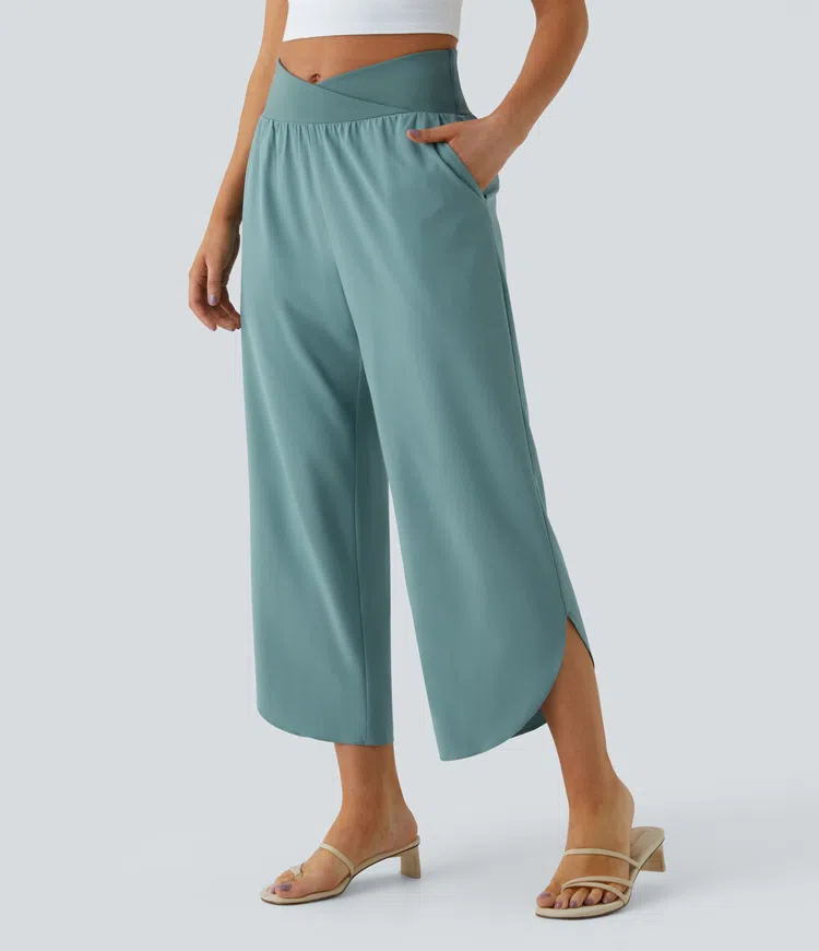 Stone Blue Breezeful™ Pantalon de villégiature taille haute à effet croisé, séchage rapide, avec poches / 1