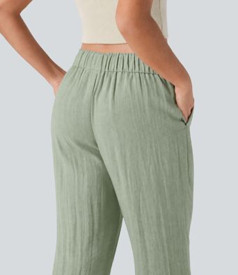 Low Rise Drawstring Wide Leg Baggy Casual Linen-Feel Pants with Pockets Low Rise Drawstring Wide Leg Baggy Casual Linen-Feel Pants with Pockets