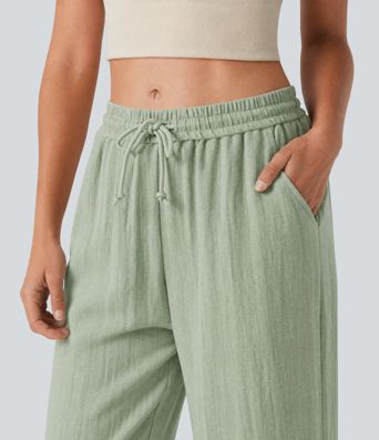 Low Rise Drawstring Wide Leg Baggy Casual Linen-Feel Pants with Pockets Low Rise Drawstring Wide Leg Baggy Casual Linen-Feel Pants with Pockets