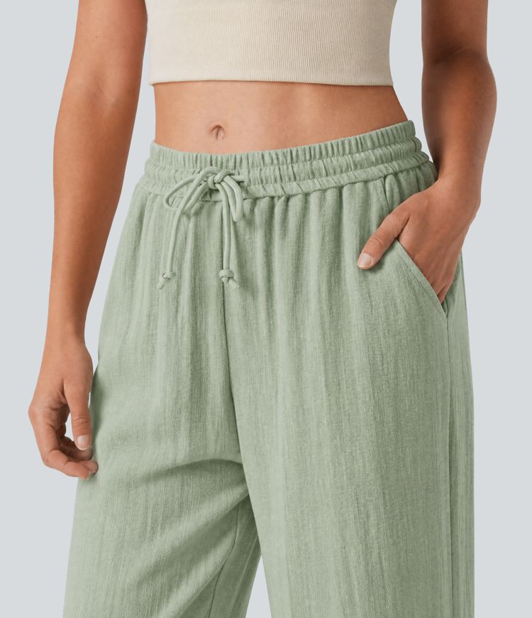Low Rise Drawstring Wide Leg Baggy Casual Linen-Feel Pants with Pockets Low Rise Drawstring Wide Leg Baggy Casual Linen-Feel Pants with Pockets