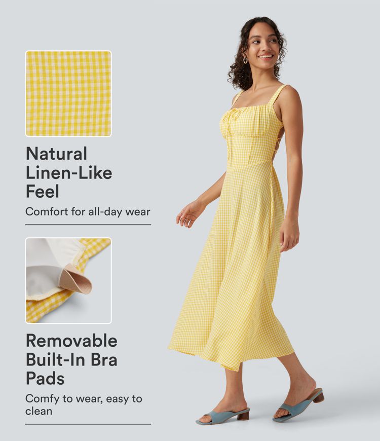 Square Neck Crisscross Backless Built-in Bra Corset Plaid Flowy Midi Linen-Feel Resort Milkmaid Dress