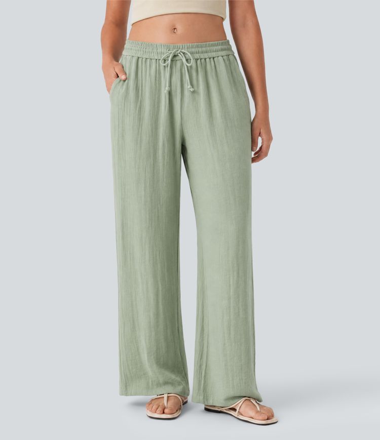 Low Rise Drawstring Wide Leg Baggy Casual Linen-Feel Pants with Pockets Low Rise Drawstring Wide Leg Baggy Casual Linen-Feel Pants with Pockets