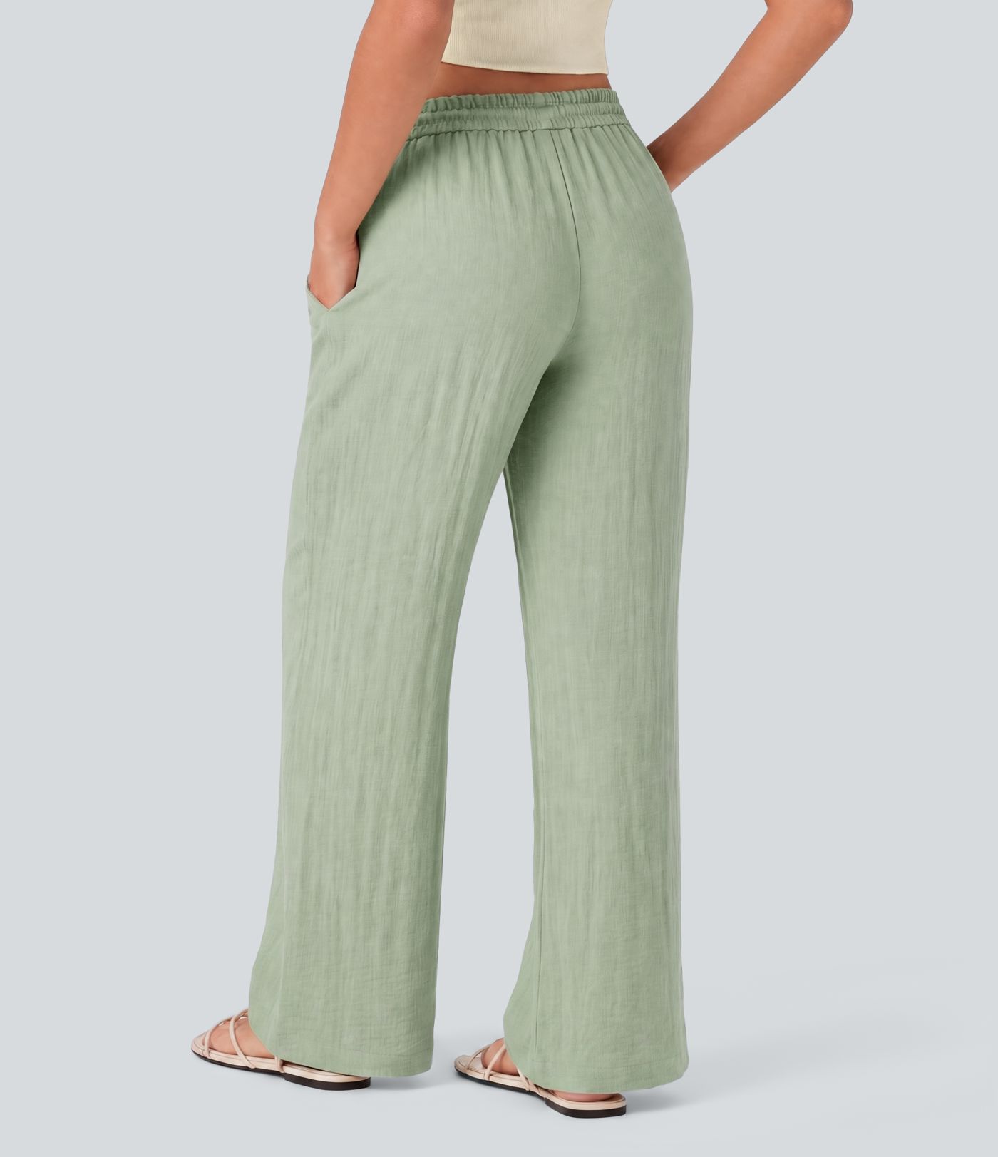 Low Rise Drawstring Wide Leg Baggy Casual Linen-Feel Pants with Pockets Low Rise Drawstring Wide Leg Baggy Casual Linen-Feel Pants with Pockets