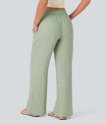 Low Rise Drawstring Wide Leg Baggy Casual Linen-Feel Pants with Pockets Low Rise Drawstring Wide Leg Baggy Casual Linen-Feel Pants with Pockets