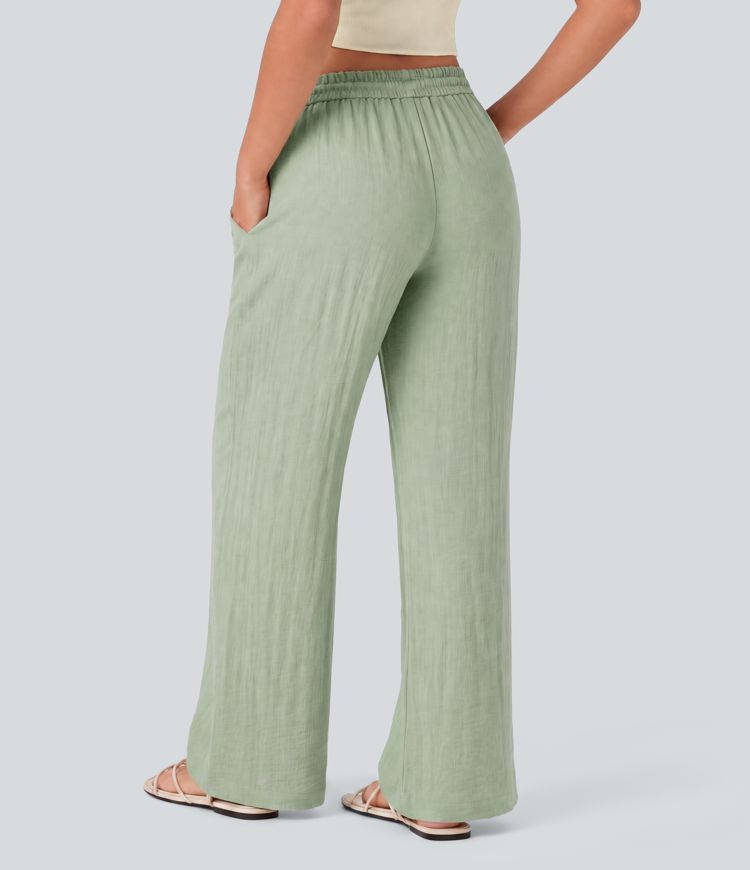 Low Rise Drawstring Wide Leg Baggy Casual Linen-Feel Pants with Pockets Low Rise Drawstring Wide Leg Baggy Casual Linen-Feel Pants with Pockets