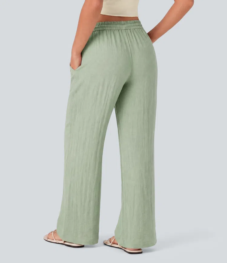 Thin Mint - Seafoam Low Rise Drawstring Wide Leg Baggy Casual Linen-Feel Trousers with Pockets / 2