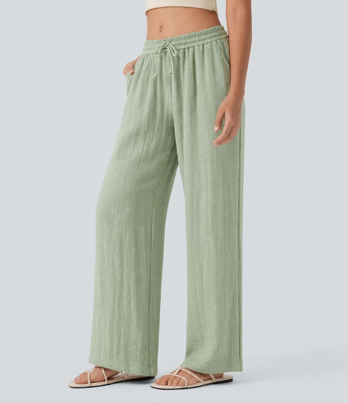 Low Rise Drawstring Wide Leg Baggy Casual Linen-Feel Pants with Pockets Low Rise Drawstring Wide Leg Baggy Casual Linen-Feel Pants with Pockets