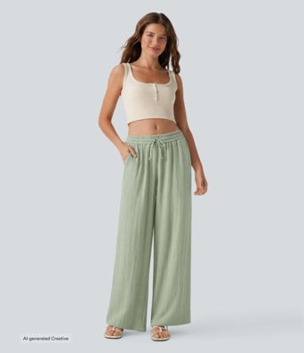 Low Rise Drawstring Wide Leg Baggy Casual Linen-Feel Pants with Pockets Low Rise Drawstring Wide Leg Baggy Casual Linen-Feel Pants with Pockets