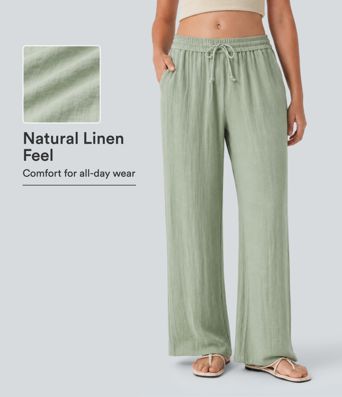 Low Rise Drawstring Wide Leg Baggy Casual Linen-Feel Pants with Pockets Low Rise Drawstring Wide Leg Baggy Casual Linen-Feel Pants with Pockets