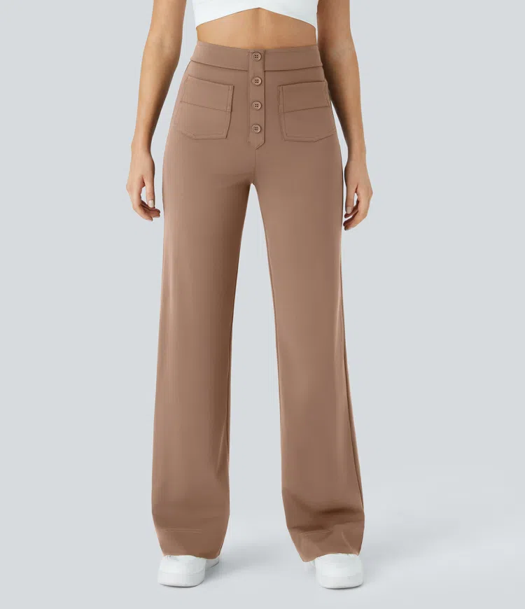 Pantalones pierna recta múltiple bolsillo botón tiro alto