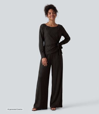 Langärmeliger Jumpsuit mit Boot-Ausschnitt, seitlicher Bindung, Cool-Touch-Streifen und Taschen – Easy Peezy Edition