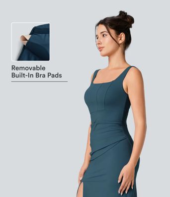 SoftlyZero™ Airy Square Neck Backless Corset Ruched Split Bodycon Midi InstantCool Bridesmaid and Wedding Guest Dress SoftlyZero™ Airy Square Neck Backless Corset Ruched Split Bodycon Midi InstantCool Bridesmaid and Wedding Guest Dress