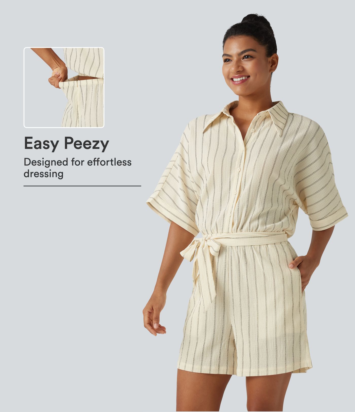 Collar Batwing Sleeve Tie Stripes Casual Romper with Pockets-Easy Peezy