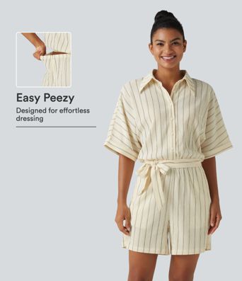 Collar Batwing Sleeve Tie Stripes Casual Playsuit with Pockets-Easy Peezy