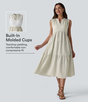V Neck Built-in Bra Sleeveless Stripe Midi Dress V Neck Built-in Bra Sleeveless Stripe Midi Dress