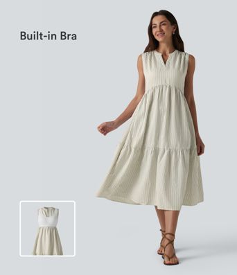 V Neck Built-in Bra Sleeveless Stripe Midi Dress V Neck Built-in Bra Sleeveless Stripe Midi Dress