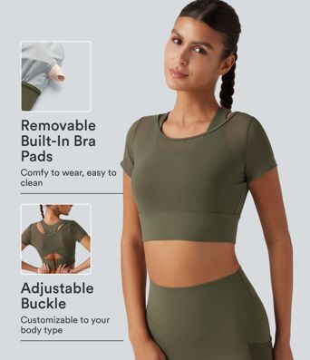 Boat Neck Built-in Bra Short Sleeve Contrast Mesh Cool Touch Quick Dry Cropped Running Sports Top-UPF50+ Boat Neck Built-in Bra Short Sleeve Contrast Mesh Cool Touch Quick Dry Cropped Running Sports Top-UPF50+