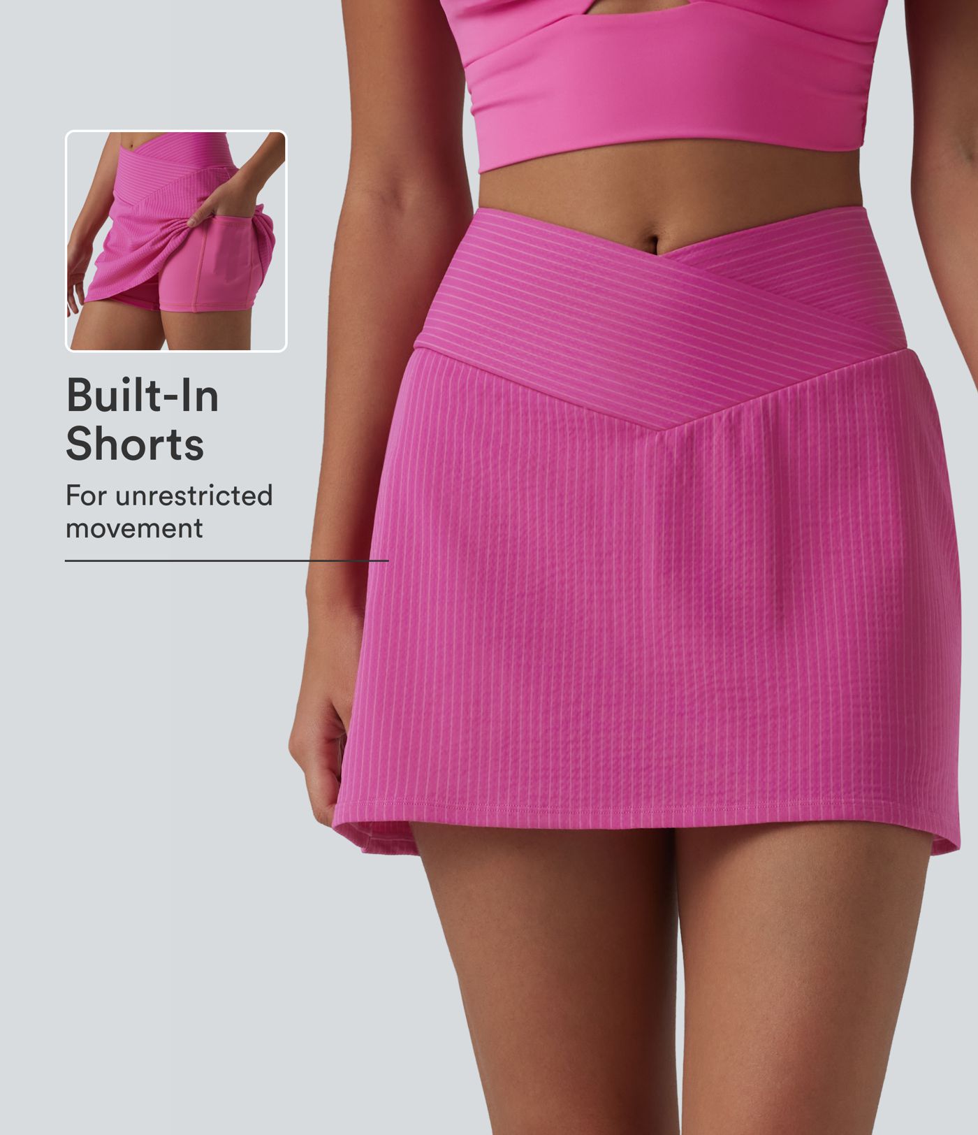 Crossover High Waisted 2-in-1 Mini A-line Stripes Quick Dry Tennis Skirt with Pockets-UPF40+ Crossover High Waisted 2-in-1 Mini A-line Stripes Quick Dry Tennis Skirt with Pockets-UPF40+