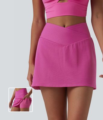 Crossover High Waisted 2-in-1 Mini A-line Stripes Quick Dry Tennis Skirt with Pockets-UPF40+