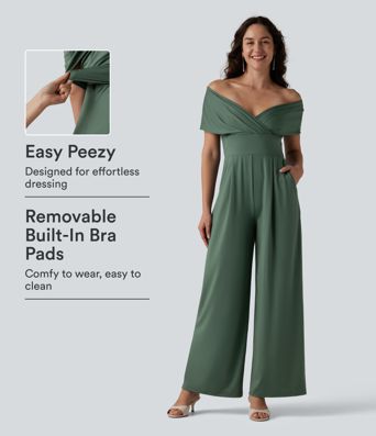 Off Shoulder Short Sleeve Built-in Bra Casual Jumpsuit with Pockets-Easy Peezy Edition Off Shoulder Short Sleeve Built-in Bra Casual Jumpsuit with Pockets-Easy Peezy Edition