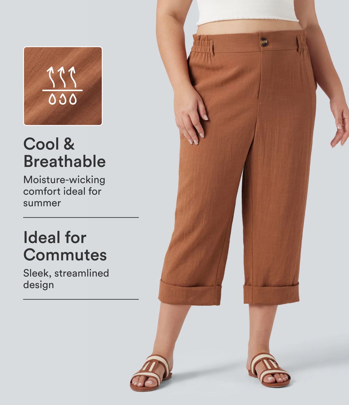 High Waisted Capri Linen-Feel Resort Plus Size Trousers with Pockets High Waisted Capri Linen-Feel Resort Plus Size Trousers with Pockets