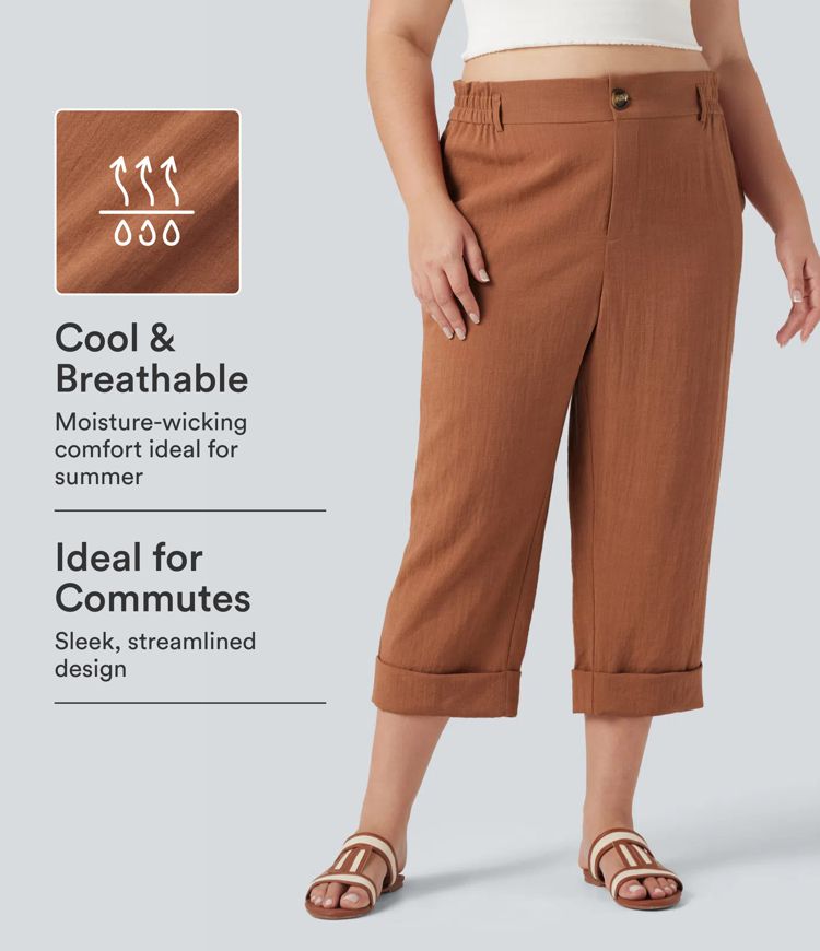 High Waisted Capri Linen-Feel Resort Plus Size Trousers with Pockets High Waisted Capri Linen-Feel Resort Plus Size Trousers with Pockets