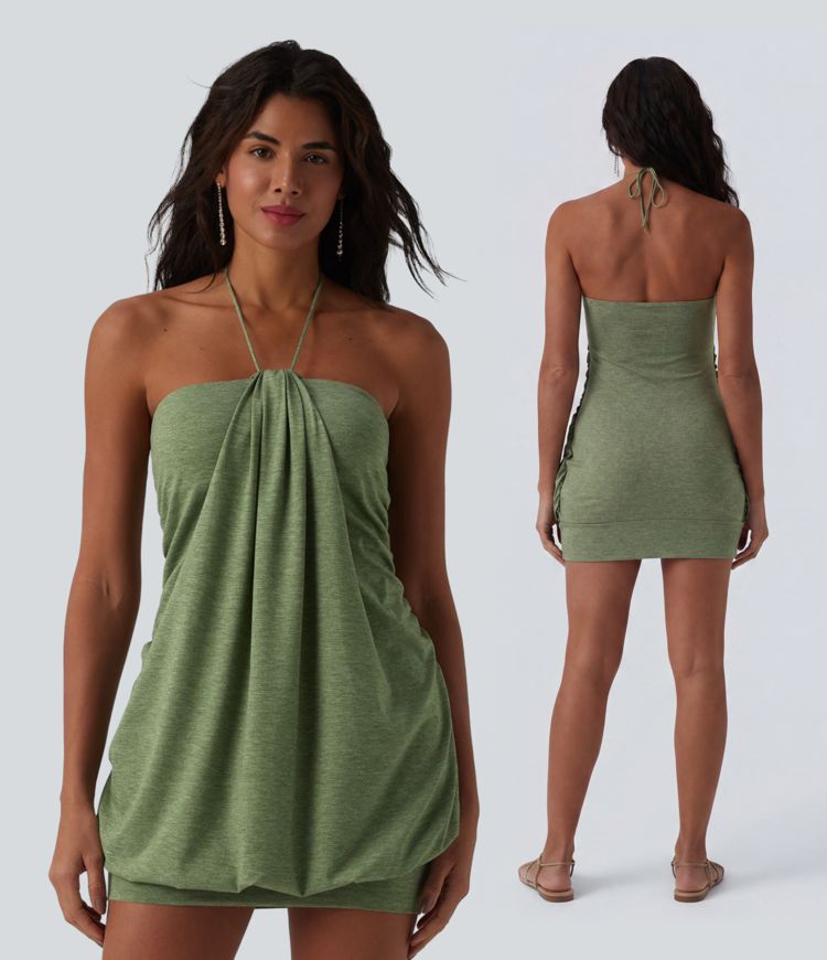 Halter Tie Back Built-in Bra Bodycon Micro Mini Dress Halter Tie Back Built-in Bra Bodycon Micro Mini Dress
