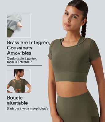 Crop top de running effet frais InstantCool à séchage rapide avec encolure bateau, mesh contrasté, manches courtes, coussinets amovibles et protection solaire UPF50+ Crop top de running effet frais InstantCool à séchage rapide avec encolure bateau, mesh contrasté, manches courtes, coussinets amovibles et protection solaire UPF50+