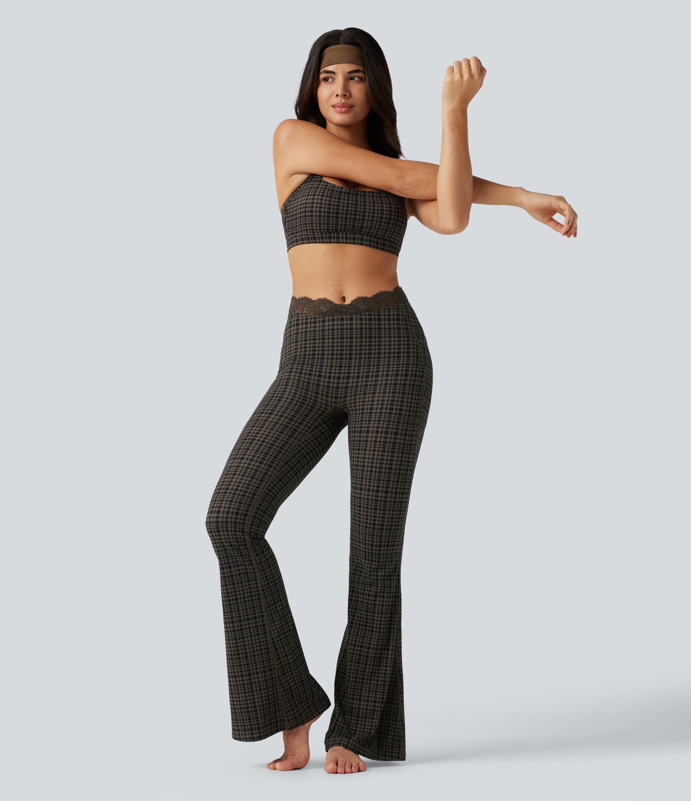 Halara UltraSculpt™ Plaid Print V-Shaped High Waisted Contrast Lace Yoga Flare Leggings with Pockets