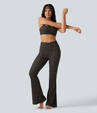 Halara UltraSculpt™ Plaid Print V-Shaped High Waisted Contrast Lace Yoga Flare Leggings with Pockets