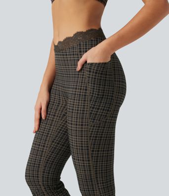 Halara UltraSculpt™ Plaid Print V-Shaped High Waisted Contrast Lace Yoga Flare Leggings with Pockets