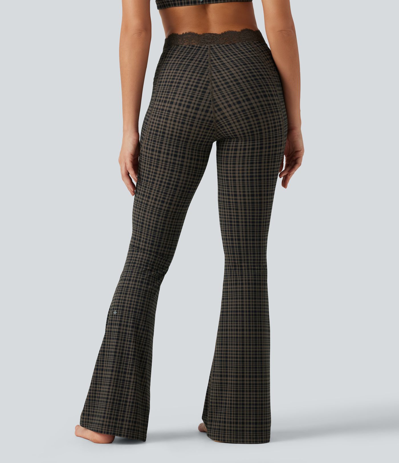 Halara UltraSculpt™ Plaid Print V-Shaped High Waisted Contrast Lace Yoga Flare Leggings with Pockets