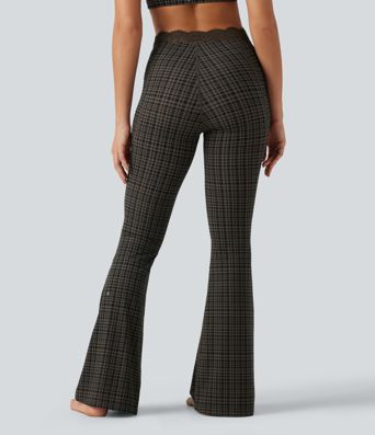 Halara UltraSculpt™ Plaid Print V-Shaped High Waisted Contrast Lace Yoga Flare Leggings with Pockets